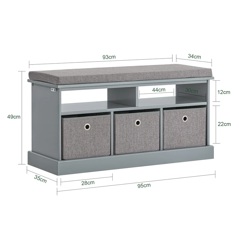 SoBuy FSR67-DG Banc de Rangement avec Coussin Rembourré, 2 Compartiments et 3 Paniers Meuble Bas Entrée