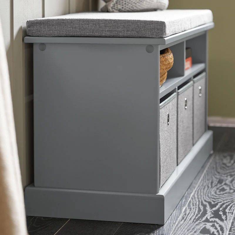 SoBuy FSR67-DG Banc de Rangement avec Coussin Rembourré, 2 Compartiments et 3 Paniers Meuble Bas Entrée