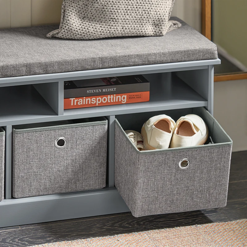 SoBuy FSR67-DG Banc de Rangement avec Coussin Rembourré, 2 Compartiments et 3 Paniers Meuble Bas Entrée