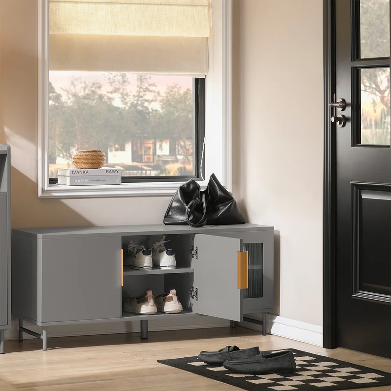 SoBuy FSR130-HG Banc à chaussures, Meuble Bas d'Entrée, Meuble TV, avec 3 Portes et Étagères Réglables