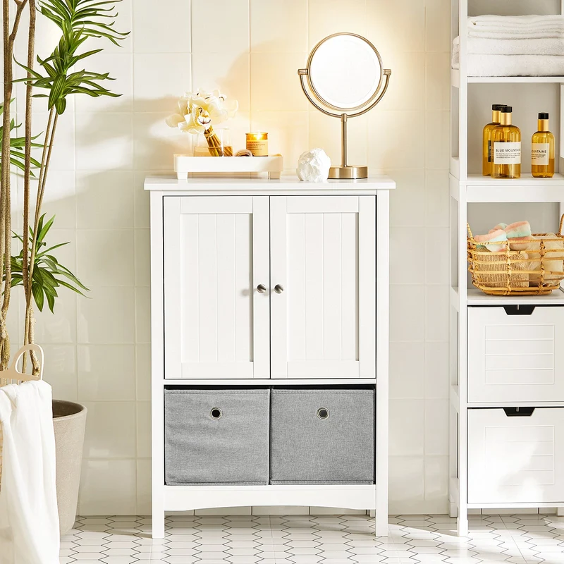 SoBuy BZR64-W Meuble Armoire Meuble Bas Salle de Bains Placard de Rangement, Commode avec 2 Portes et 2 Paniers Amovibles