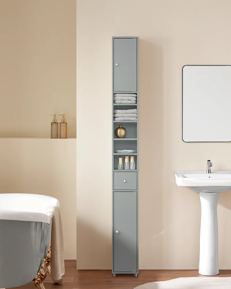 SoBuy BZR34-HG Meuble Colonne Armoire Haut de Salle de Bain avec 1 Tiroir, 2 Portes et 5 Compartiments