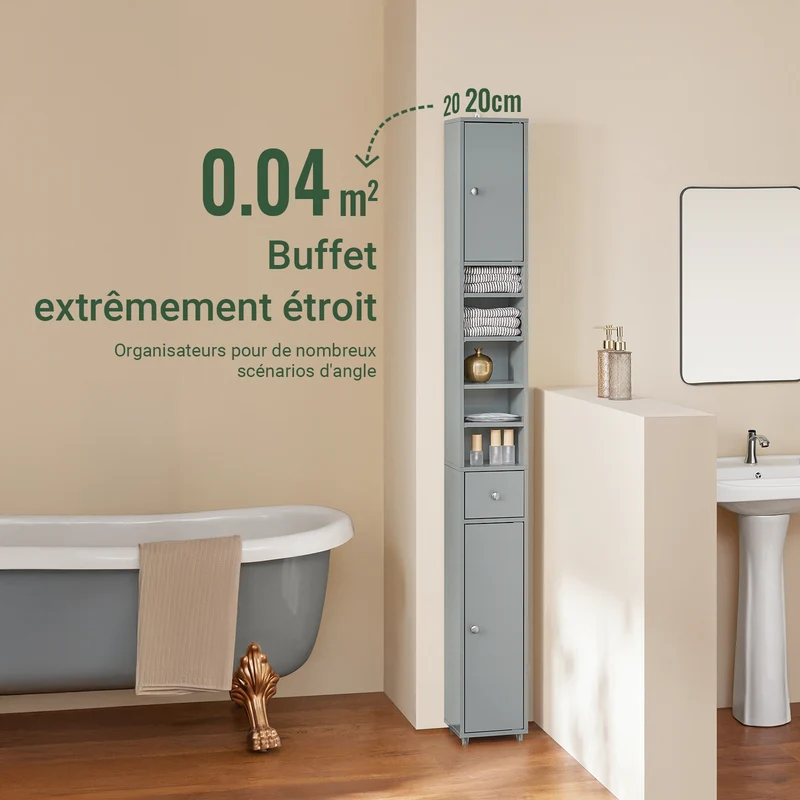 SoBuy BZR34-HG Meuble Colonne Armoire Haut de Salle de Bain avec 1 Tiroir, 2 Portes et 5 Compartiments