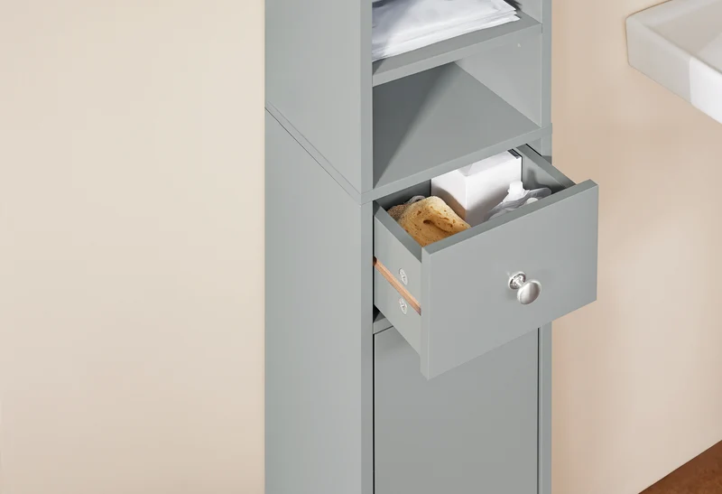 SoBuy BZR34-HG Meuble Colonne Armoire Haut de Salle de Bain avec 1 Tiroir, 2 Portes et 5 Compartiments