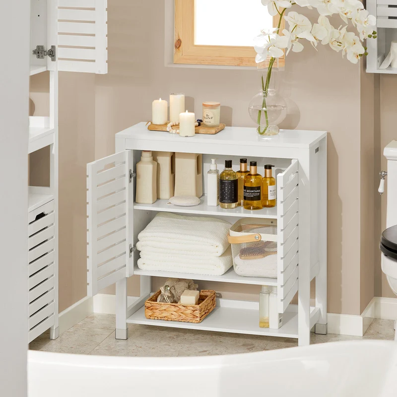 SoBuy BZR50-W Meuble Bas de Salle de Bain Armoire de Salle de Bain sur Pieds avec 1 Compartiment Ouvert et 2 Portes Meuble de Rangement