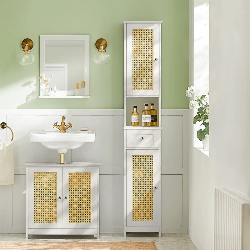 SoBuy BZR70-W Meuble Colonne, Armoire Haute, Placard, Meuble de Salle de Bain sur Pieds, ploy rotin