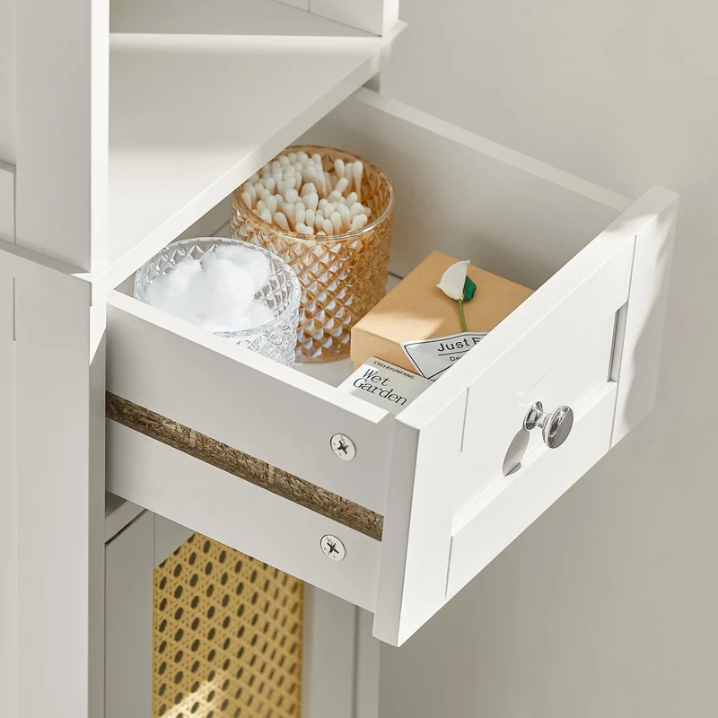 SoBuy BZR70-W Meuble Colonne, Armoire Haute, Placard, Meuble de Salle de Bain sur Pieds, ploy rotin
