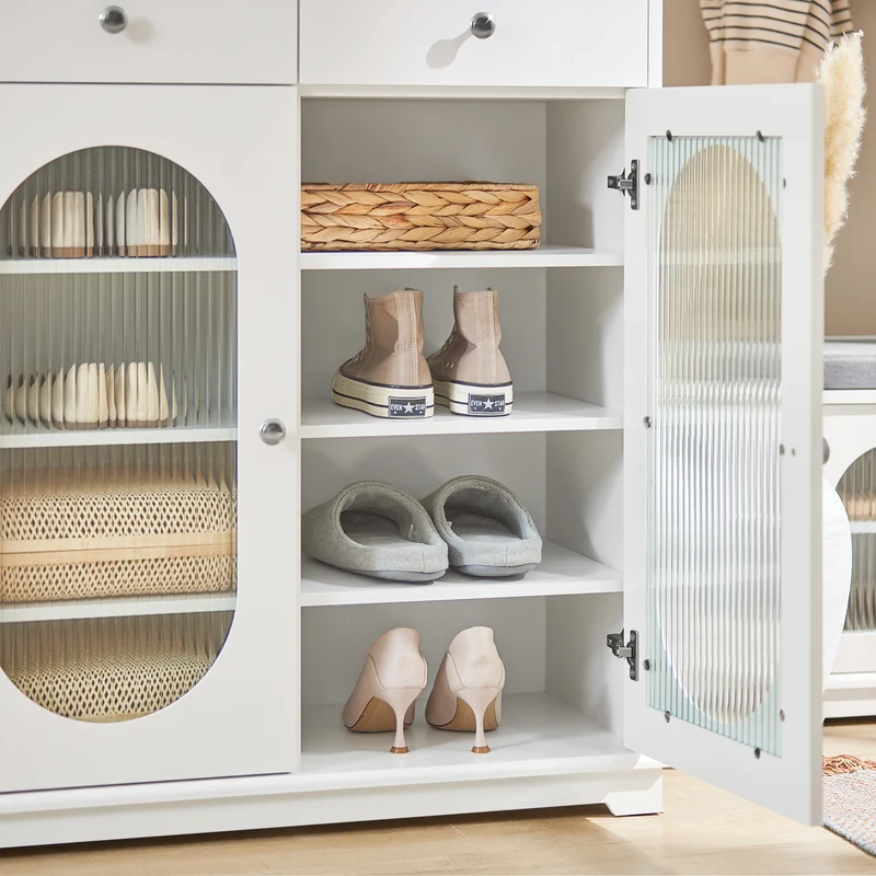 SoBuy FSB68-W Meuble d’Entrée avec Rangement Chaussures Intégré – 2 Portes Vitrées et 2 Tiroirs – Entrée Organisée – 80x35x90 cm Blanc