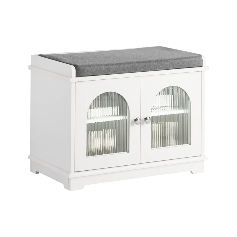 SoBuy FSR121-W Banc à Chaussures avec Coussin Rembourré, 2 Portes Vitrées et 4 Étagères pour Entrée – 60x35x45 cm, Blanc