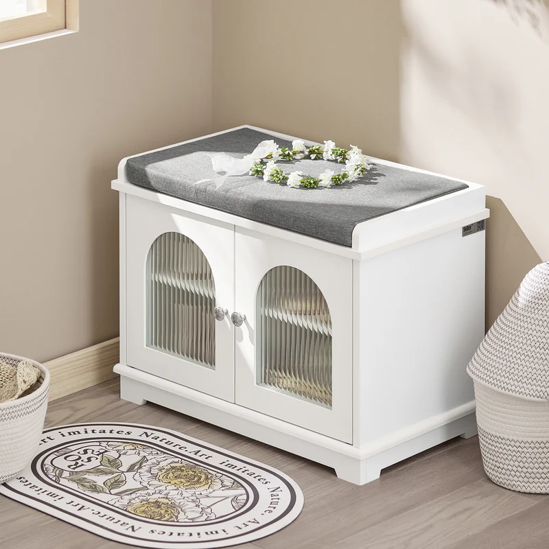 SoBuy FSR121-W Banc à Chaussures avec Coussin Rembourré, 2 Portes Vitrées et 4 Étagères pour Entrée – 60x35x45 cm, Blanc