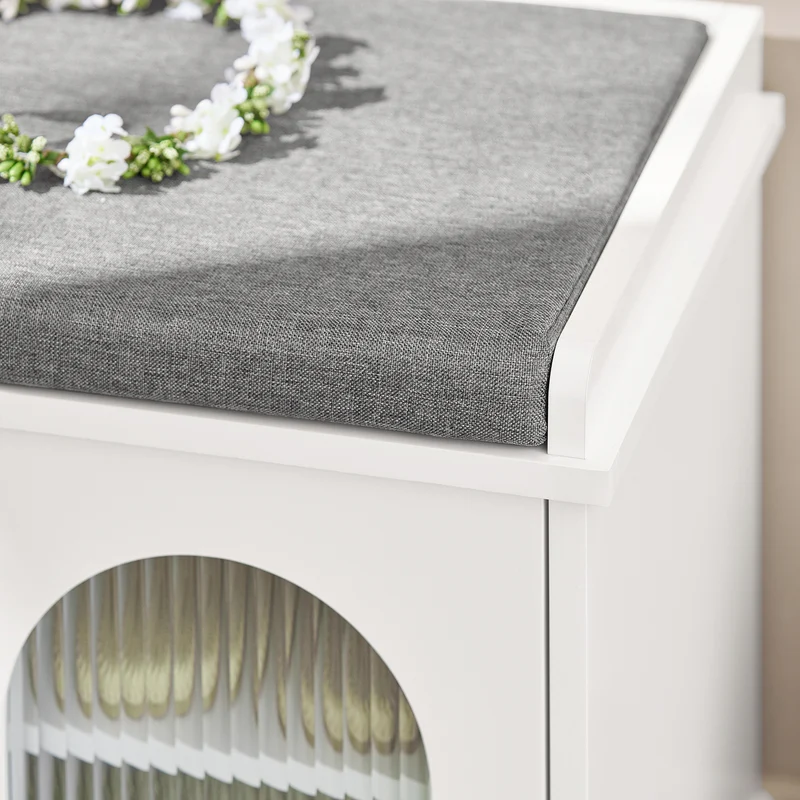 SoBuy FSR121-W Banc à Chaussures avec Coussin Rembourré, 2 Portes Vitrées et 4 Étagères pour Entrée – 60x35x45 cm, Blanc