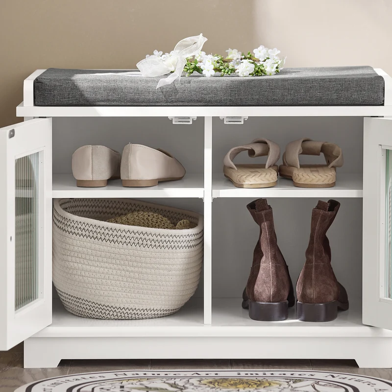 SoBuy FSR121-W Banc à Chaussures avec Coussin Rembourré, 2 Portes Vitrées et 4 Étagères pour Entrée – 60x35x45 cm, Blanc