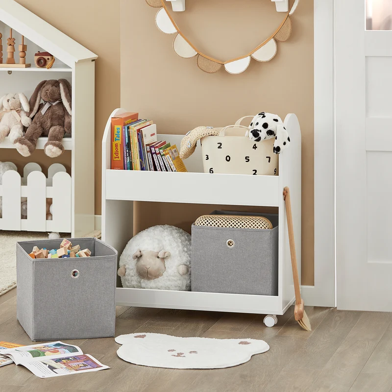 SoBuy KMB53-W Étagère de Rangement Roulantes, Bibliothèque pour Enfants, Étagère à Livres, Armoire à Jouets avec 1 Étagère, 2 Paniers et 4 roulettes
