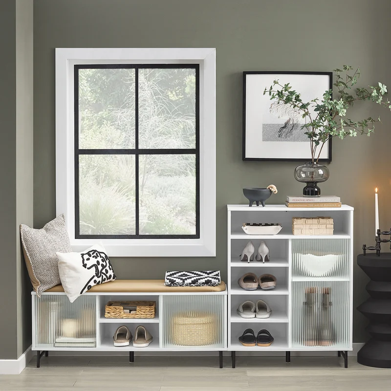 SoBuy FSR115-W Banc à Chaussures avec Coussin Rembourré, 4 Compartiments et 2 Portes Coulissantes en Verre pour Entrée – 110x34x46 cm, Blanc