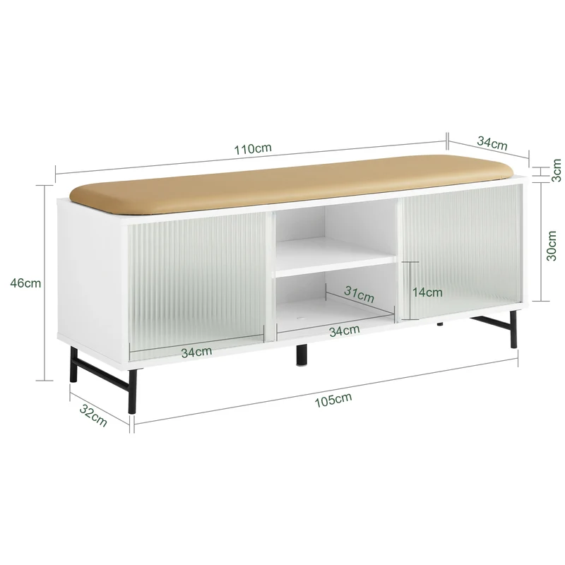 SoBuy FSR115-W Banc à Chaussures avec Coussin Rembourré, 4 Compartiments et 2 Portes Coulissantes en Verre pour Entrée – 110x34x46 cm, Blanc