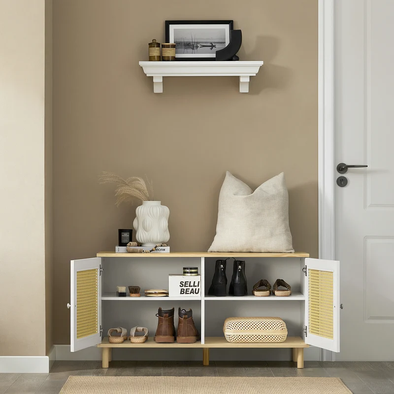 SoBuy FSR103-WN Banc de Rangement, Banc à Chaussures, Meuble d’Entrée, Meuble Bas, Coffre de Rangement avec 2 Portes en Ploy Rotin