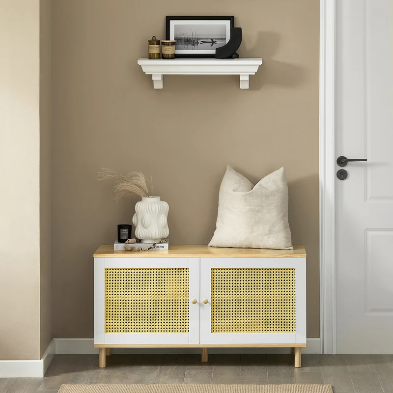 SoBuy FSR103-WN Banc de Rangement, Banc à Chaussures, Meuble d’Entrée, Meuble Bas, Coffre de Rangement avec 2 Portes en Ploy Rotin