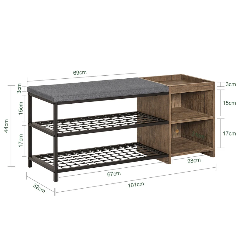 SoBuy FSR113-N Étagère à Chaussures, Banc de Vestiaire Étroit, avec Coussin Rembourré, 2 Étagères en Maille et 2 Compartiment Ouvert