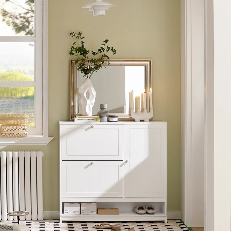 SoBuy FSR114-W Armoire à Chaussures 2 Abattants, 1 Porte et 1 Compartiment Ouvert pour Entrée Couloir – Blanc