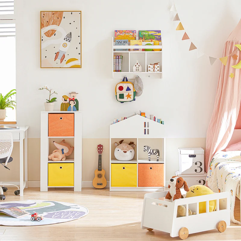 SoBuy KMB48-W Bibliothèque Enfants, Armoire de Rangement pour Livres et Jouets pour Enfant, avec 2 Paniers et 2 Étagères latérales