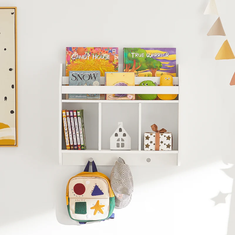 SoBuy KMB46-W Bibliothèque Murale, Étagère Murale à 2 Étages, 3 Compartiments et 3 crochets