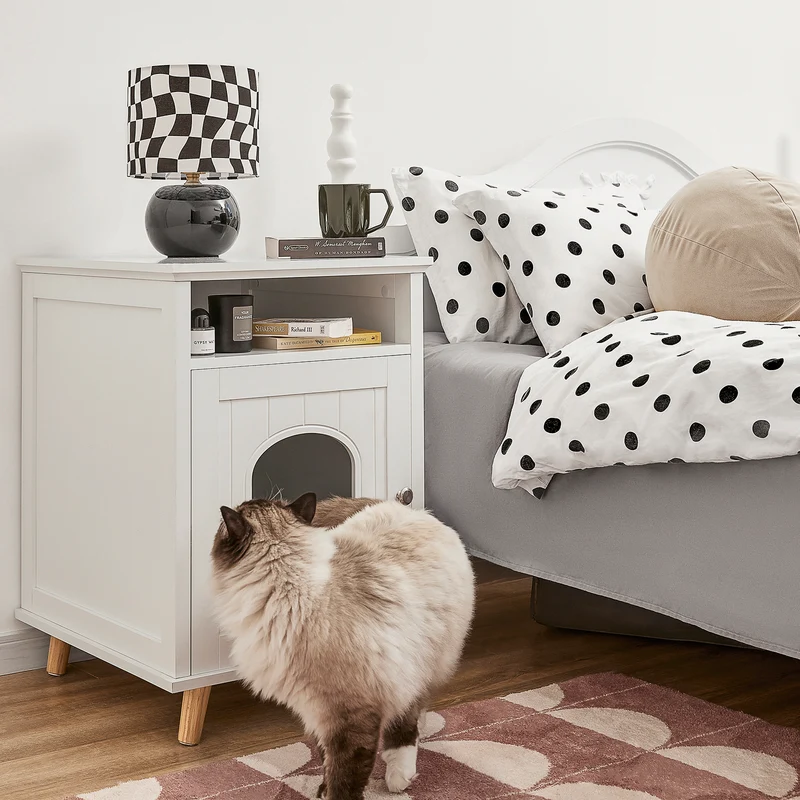 SoBuy HAT01-W Table d’Appoint, Bout de Canapé, Table de Chevet, Maison de Toilette pour Chat avec 1 Compartiment Ouvert et 1 Porte