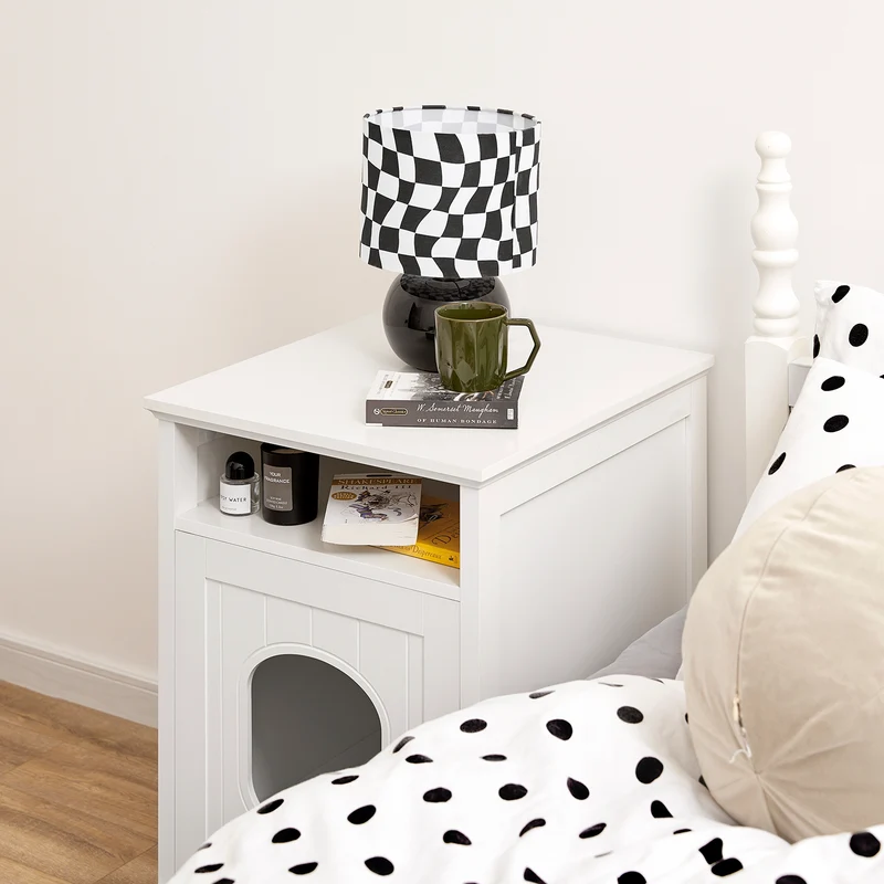 SoBuy HAT01-W Table d’Appoint, Bout de Canapé, Table de Chevet, Maison de Toilette pour Chat avec 1 Compartiment Ouvert et 1 Porte
