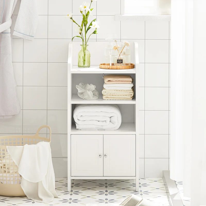 SoBuy BZR56-W Meuble Bas de Salle de Bain Commode Armoire de Rangement sur Pied avec 3 étagères et 2 Portes, Blanc, 41x36x86 cm