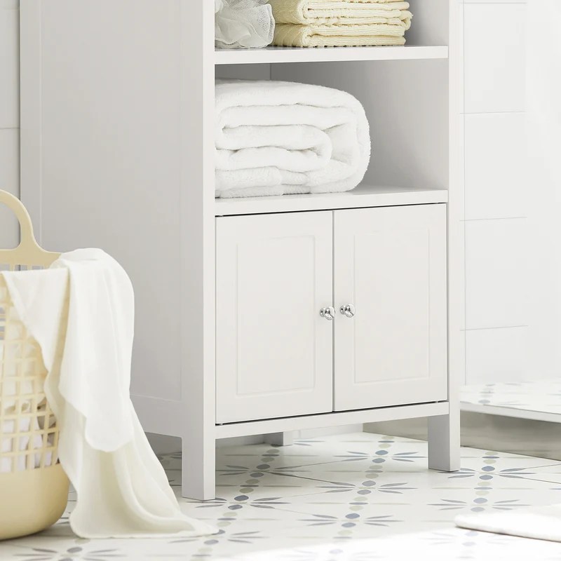 SoBuy BZR56-W Meuble Bas de Salle de Bain Commode Armoire de Rangement sur Pied avec 3 étagères et 2 Portes, Blanc, 41x36x86 cm
