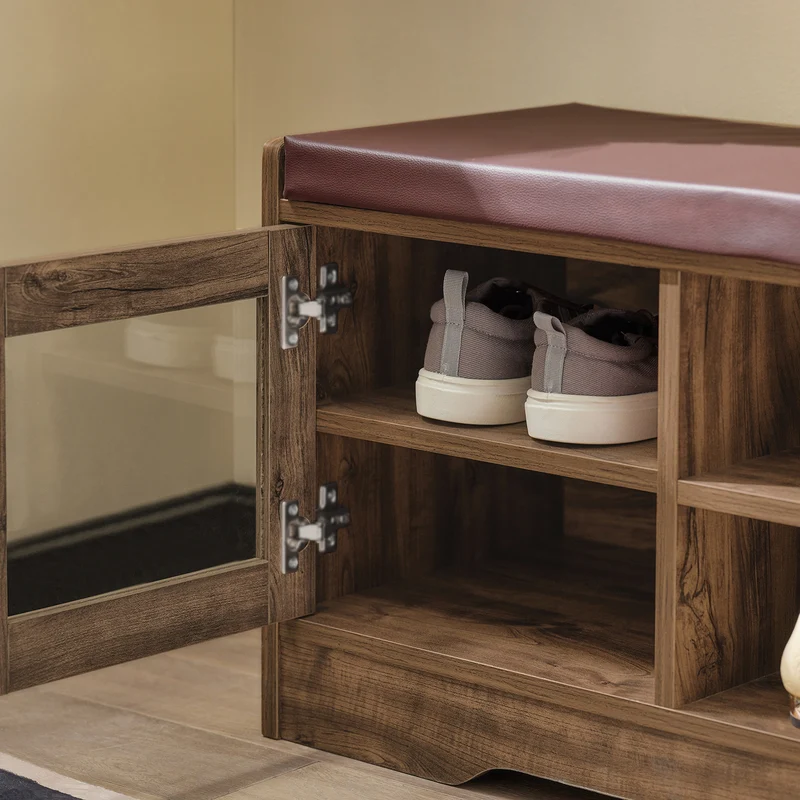 SoBuy FSR122-N Banc de Rangement, Meuble à Chaussures d'Entrée avec Assise Coussin Rembourré, 2 Porte Vitrée et 6 Étagères, Marron Rustique