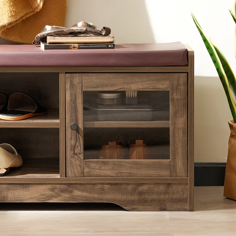 SoBuy FSR122-N Banc de Rangement, Meuble à Chaussures d'Entrée avec Assise Coussin Rembourré, 2 Porte Vitrée et 6 Étagères, Marron Rustique