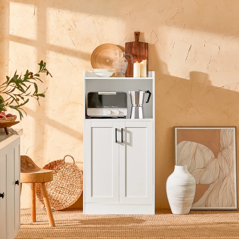 SoBuy FSB47-W Buffet Meuble de Rangement Micro-Ondes Commode Armoire à Micro-Ondes Placard 2 Portes, 1 Compartiment Ouvert avec Passe-câble, 60x40x120cm, Blanc