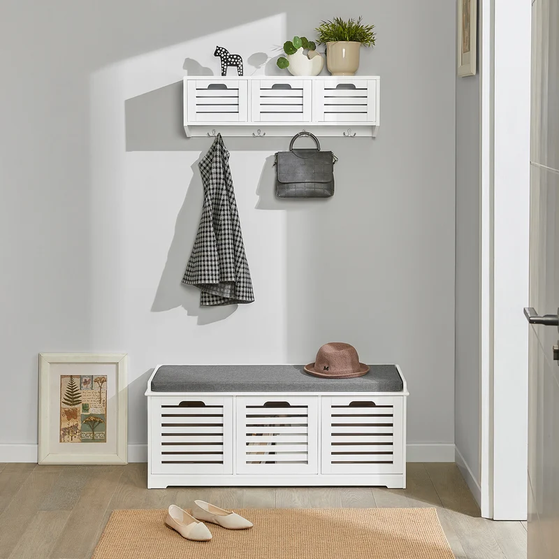 SoBuy FHK19-W Porte-manteau Étagère murale Meuble d’Entrée Patères Étagère Suspendue Vestiaire avec 3 paniers et 4 crochets 80x20x25 cm
