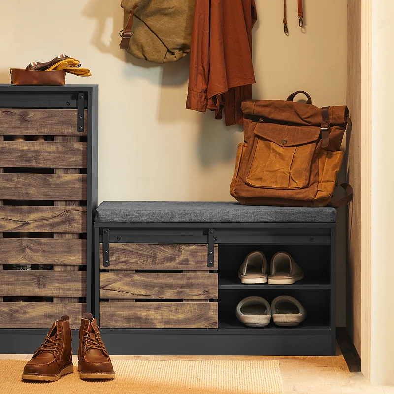 SoBuy FSR120-HG Banc à Chaussures avec Porte Coulissante et Coussin Rembourré pour Entrée – 80x35x48 cm, Gris