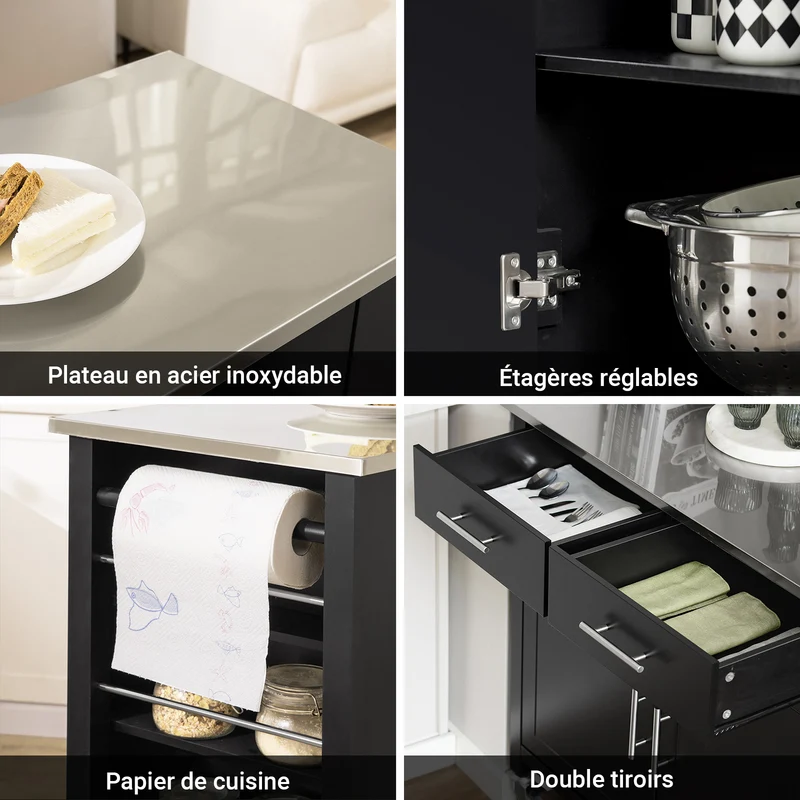 SoBuy FKW108-SCH Desserte Cuisine avec Plateau en Acier Inoxydable, Tiroirs et Roulettes, Usage Polyvalent, Mobile – L107×P46×H94 cm, Bois + Inox, Noir