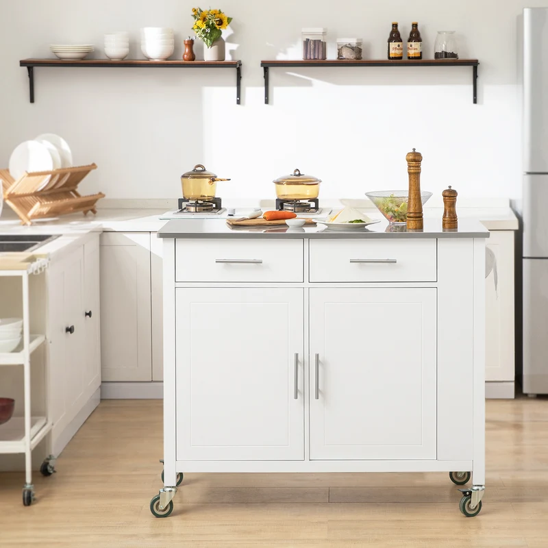SoBuy FKW108-W Desserte Cuisine avec Plateau en Acier Inoxydable, Tiroirs et Roulettes, Usage Polyvalent, Mobile – L107×P46×H94 cm, Bois + Inox, Blanc