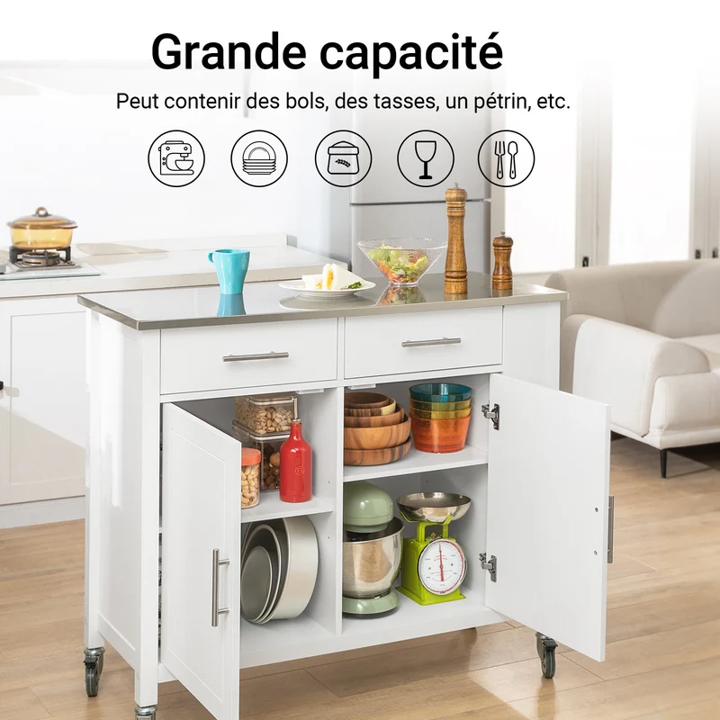 SoBuy FKW108-W Desserte Cuisine avec Plateau en Acier Inoxydable, Tiroirs et Roulettes, Usage Polyvalent, Mobile – L107×P46×H94 cm, Bois + Inox, Blanc