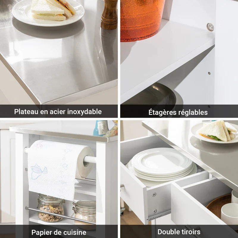 SoBuy FKW108-W Desserte Cuisine avec Plateau en Acier Inoxydable, Tiroirs et Roulettes, Usage Polyvalent, Mobile – L107×P46×H94 cm, Bois + Inox, Blanc