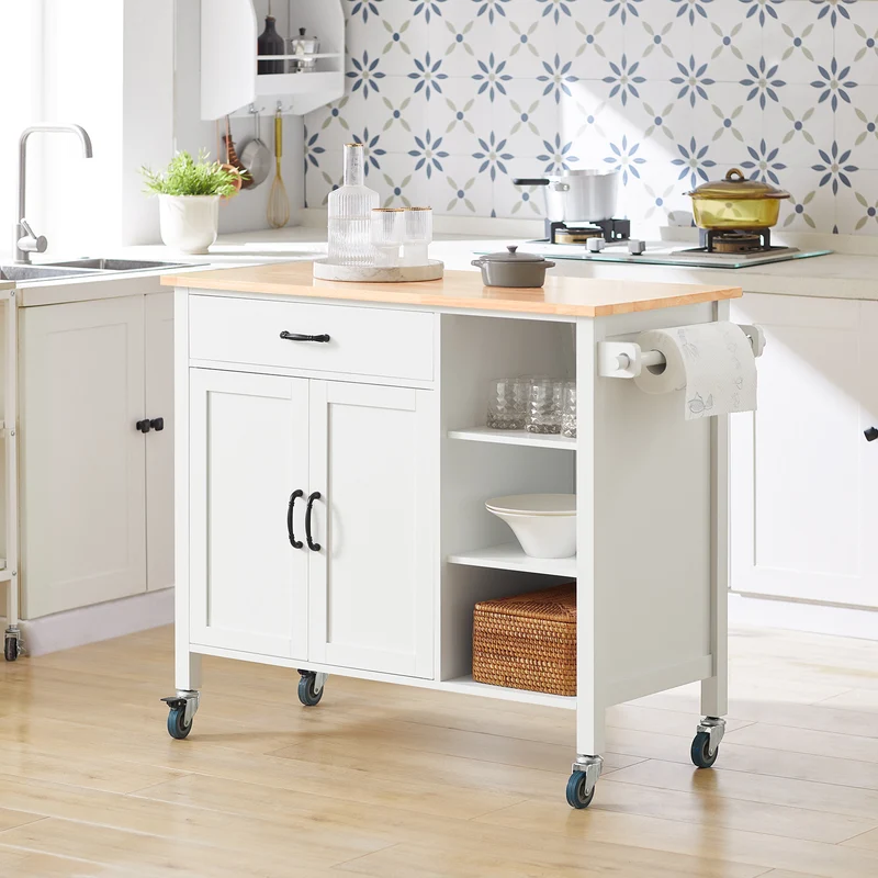 SoBuy FKW103-WN Desserte Îlot de Cuisine Desserte à roulettes Chariot de Cuisine Meuble de Rangement avec Porte-Serviettes, Placard Tiroir et 3 étagères