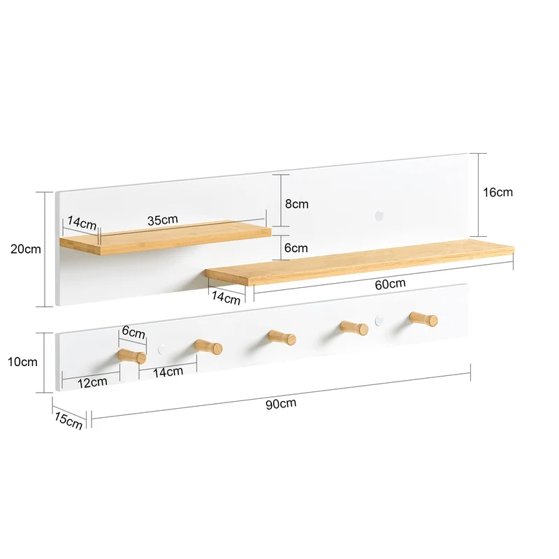 SoBuy FHK21-WN Porte-manteau Mural en 2 Parties Étagère Murale Porte-manteau d'Entrée Patères avec Étagère Suspendue É
