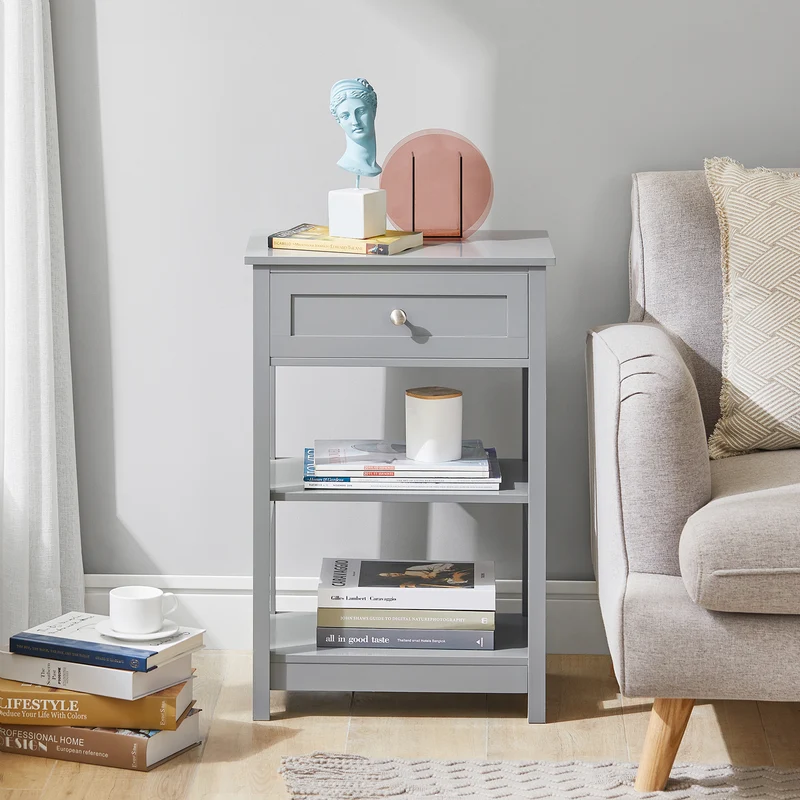SoBuy FBT46-HG Table de Chevet avec 1 Tiroir & 2 Étagères, Table d'appoint Moderne, Gris, L45 x P30 x H68cm