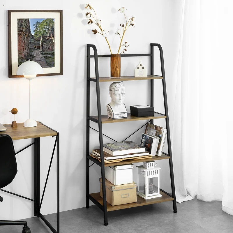 SoBuy STR09-PF Bibliothèque Étagère échelle à 4 Niveaux Étagère de Rangement Cadre en Métal Stable, Style Industriel
