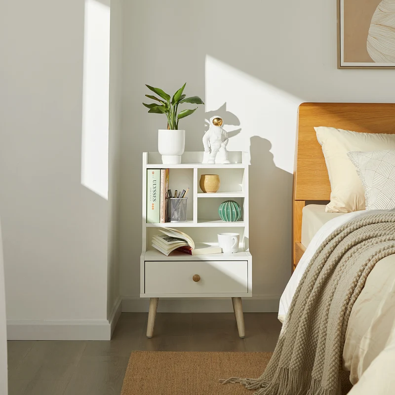 SoBuy FBT101-W Table de Chevet Table d'Appoint avec étagères de Rangement et tiroir – Blanc