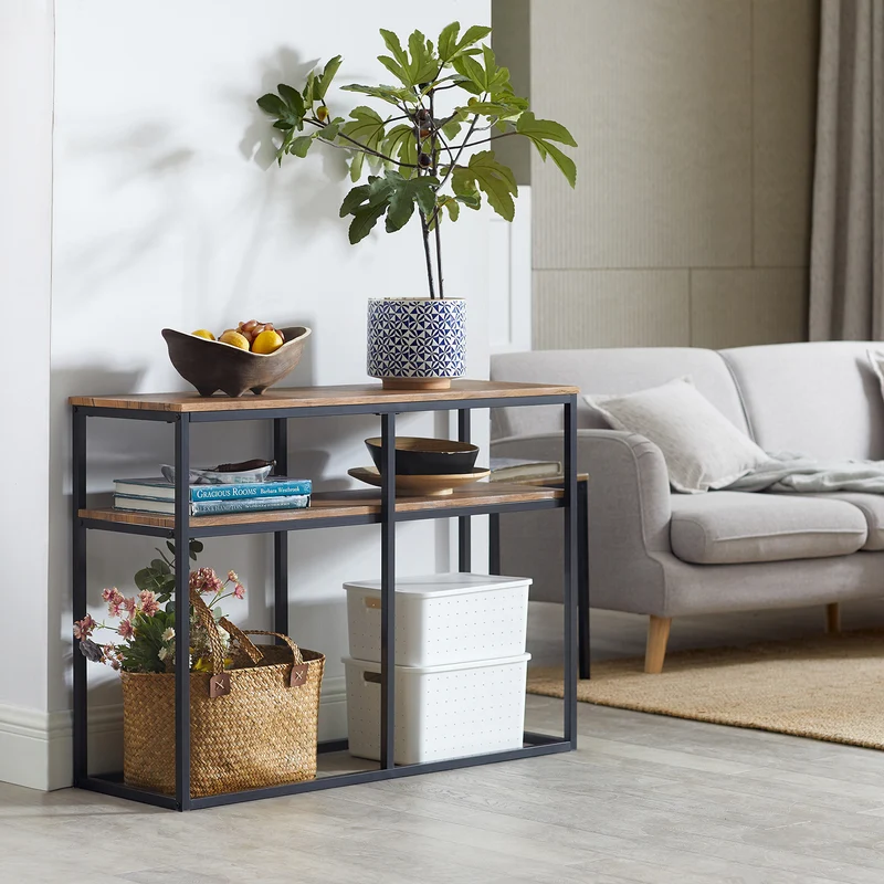 SoBuy FSB42-Q Table Console Table d’Entrée Bout de Canapé Table d'Appoint Buffet avec 2 étagères de Rangement – L107 x P36 x H77 cm, Cadre en Acier, Style Industriel