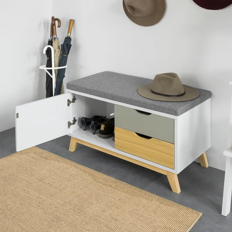 SoBuy FSR92-W Banc à Chaussures avec Coussin Rembourré, 2 Tiroirs et 1 Porte pour Entrée – 80x38x51 cm, Blanc