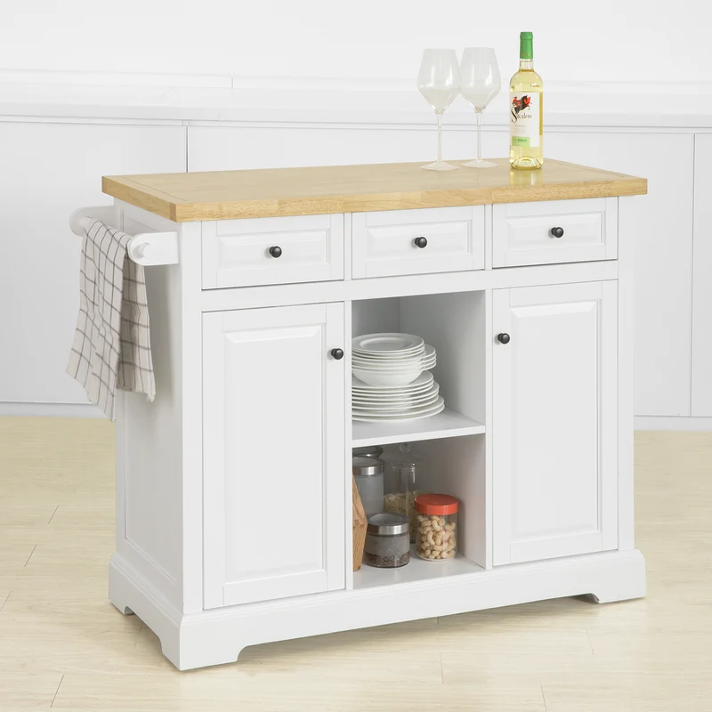 SoBuy FKW101-WN Desserte de Cuisine à Roulettes avec Plan de Travail, 3 Tiroirs, 2 Étagères et 2 Portes, Charge 50 kg – 115x46x91 cm, Blanc et Naturel