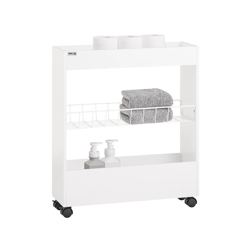 SoBuy BZR46-W Chariot de Rangement Mobile sur 3 Niveaux Étagère de Niche à Roulettes en Bois et métal