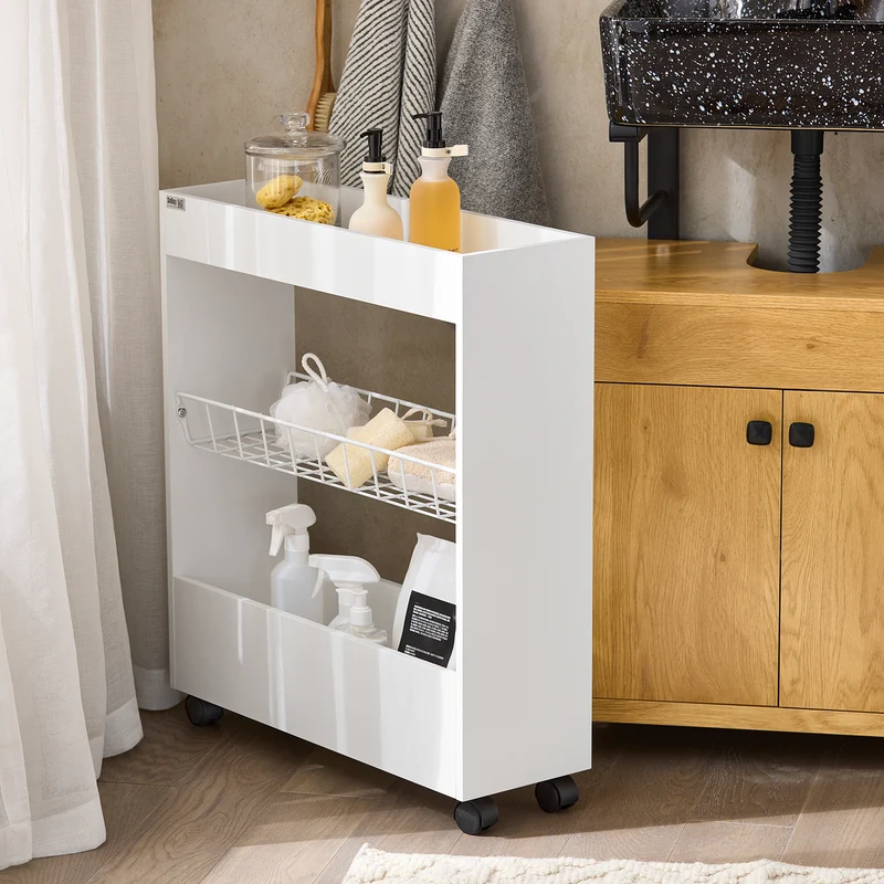 SoBuy BZR46-W Chariot de Rangement Mobile sur 3 Niveaux Étagère de Niche à Roulettes en Bois et métal