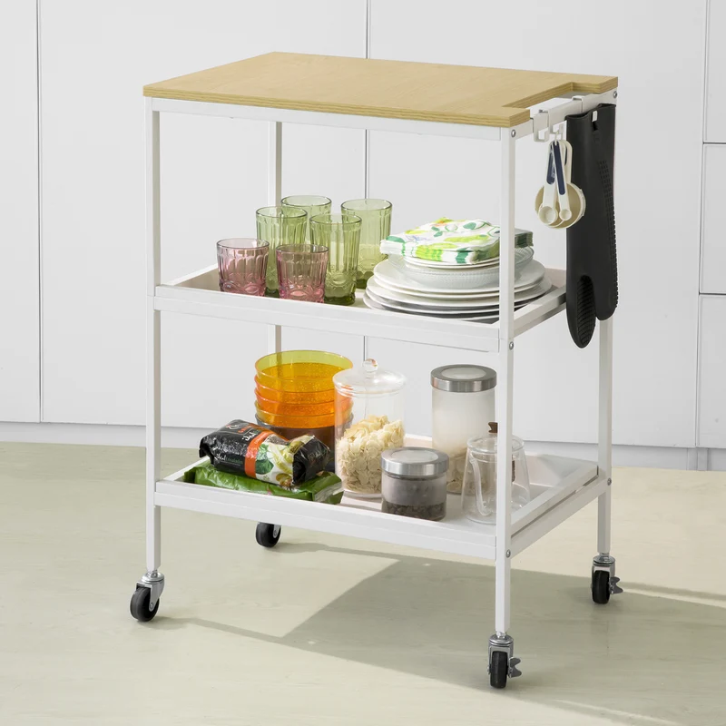 SoBuy SVW13-W Chariot de Rangement à l'île de Cuisine avec 2 Plateaux Amovibles et 3 Crochets
