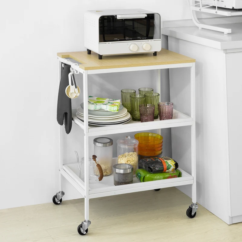 SoBuy SVW13-W Chariot de Rangement à l'île de Cuisine avec 2 Plateaux Amovibles et 3 Crochets